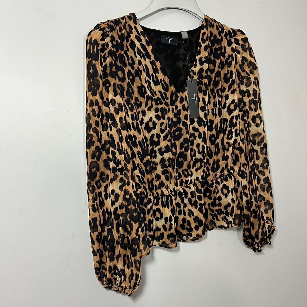 NWT Tahari leopard print long sleeve blouse animal print peplum flowy top tan - Picture 4 of 9